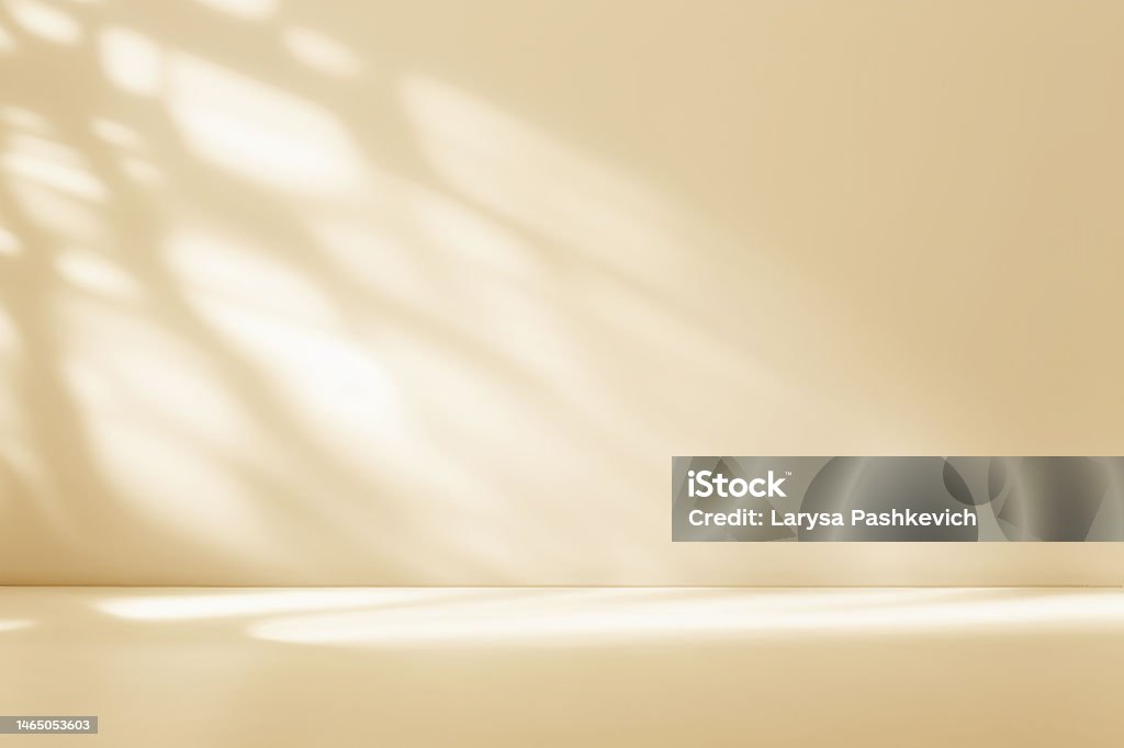 An original background image for design or product presentation, with a play of light and shadow, in light beige tones. Minimalistic abstract gentle light beige background for product presentation with light andand intricate shadow from the window and vegetation on wall. Backgrounds Stock Photo