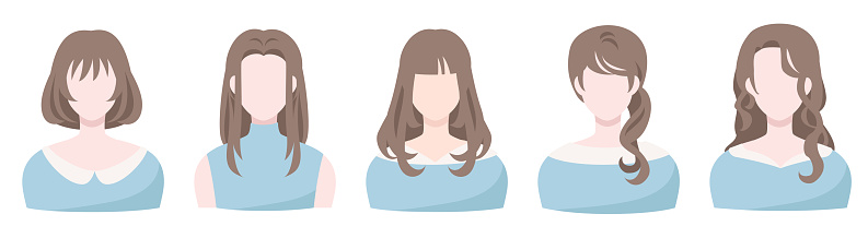 Flat illustration of five anonymous women with various hairstyles. It includes wavy hair, short hair, tied hair, and long hair. These are simple silhouette style designs.