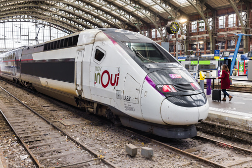 Lille, France - October 02, 2022: French TGV train at the station in Lille. TGV is France's intercity high-speed rail service, operated by SNCF