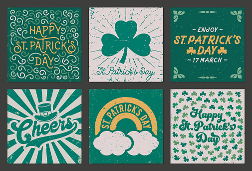 Set of vintage, squared greeting cards for St Patrick's Day. Very textured and weathered style. Grunge design.