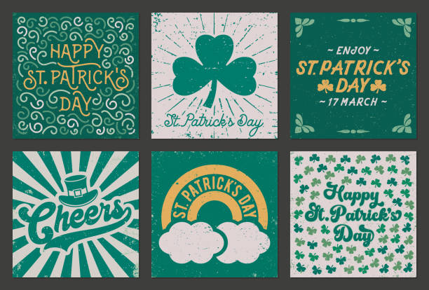 Set of vintage and grunge St Patrick's Day greeting cards - v3 Set of vintage, squared greeting cards for St Patrick's Day. Very textured and weathered style. Grunge design. st patricks stock illustrations