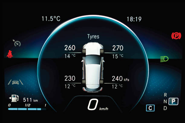 ilustrações, clipart, desenhos animados e ícones de tpms (tyre pressure monitoring system) com display de monitoramento de medição de temperatura no painel do carro. - sensor de pressão