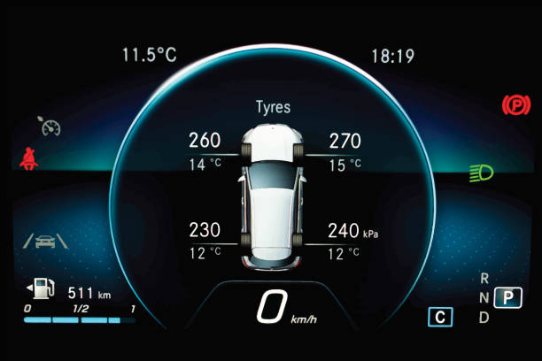 TPMS (Tyre Pressure Monitoring System) with temperature measurement monitoring display on car dashboard panel. TPMS (Tyre Pressure Monitoring System) with temperature measurement monitoring display on car dashboard panel. Checking tires pressures and temperature. Car cluster with speedometer and fuel gauge. pressure sensor stock illustrations