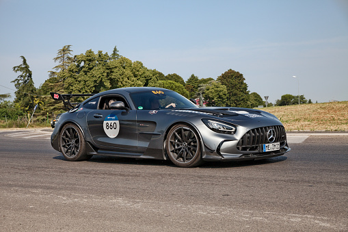 Supercar Mercedes AMG GT Black Series runs during the historical car race Mille Miglia, in Forlimpopoli, FC, Italy, on June 16, 2022