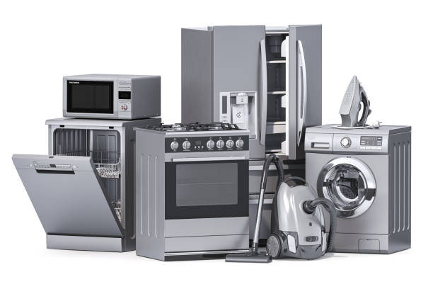 istock Home appliances. Household kitchen technics isolated on white background. Fridge, dishwasher, gas cooker, microwave oven, washing machine vacuum cleaner air conditioneer and iron. 1465077851