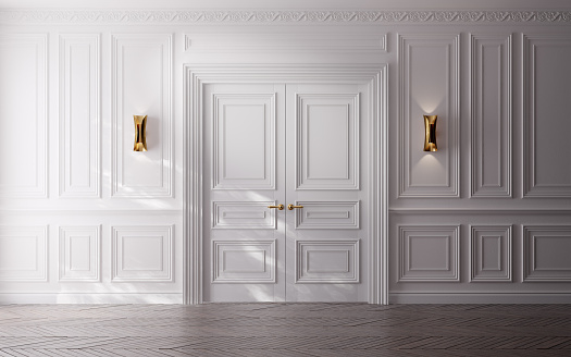 Neoclassical luxury empty room with white double doors.