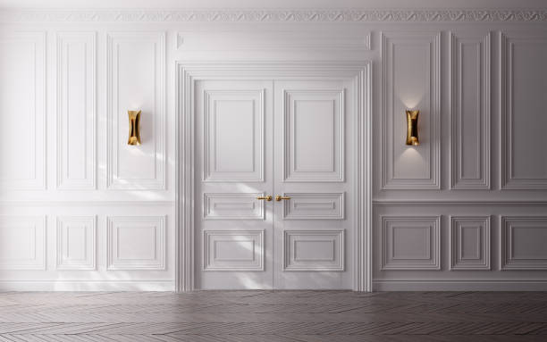 Neoclassical luxury empty room with white double doors. Neoclassical luxury empty room with white double doors. 3d illustration moulding door jamb wood stock pictures, royalty-free photos & images