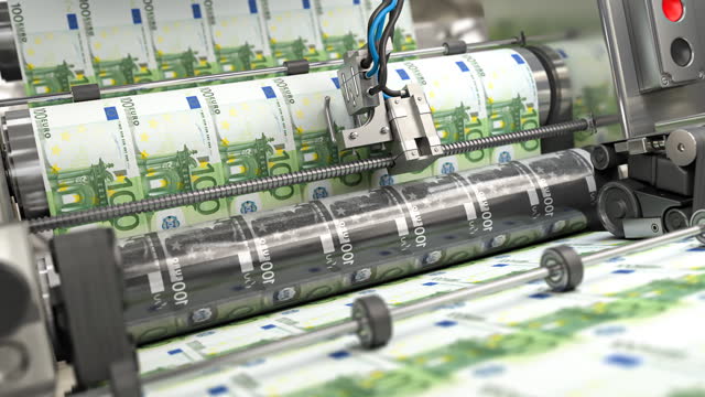 Printing money euro bills on a print machine in typography.. Finance, tax, stock market and investment, making money concept. loopable 3d video animation