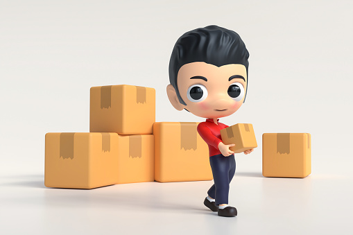 3d man holding cardboard box color icon. Three dimensional render illustration.
