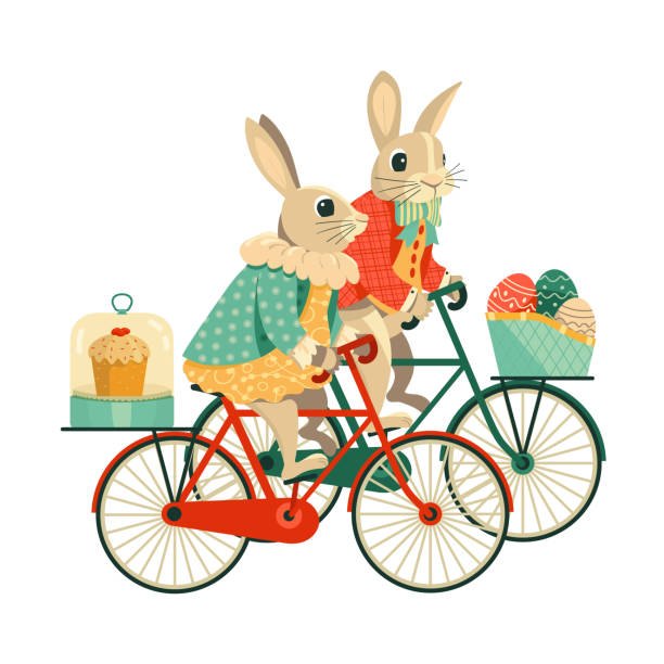 osterhase mädchen und junge fahren fahrrad festliche kunst - easter easter bunny fun humor stock-grafiken, -clipart, -cartoons und -symbole