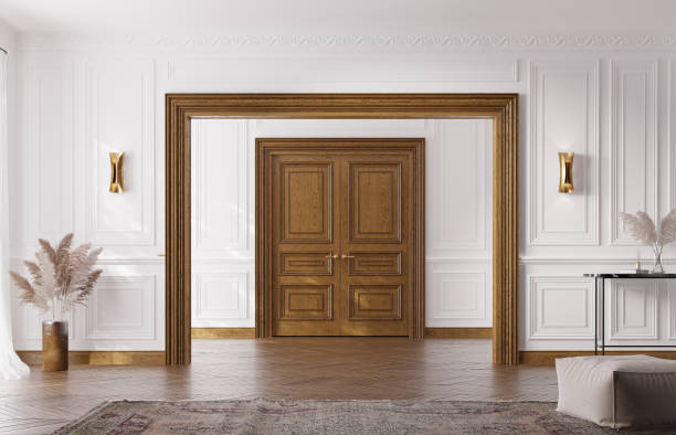 istock Neoclassical interior design. Luxury living room with wooden doors, premium style. 1465079663