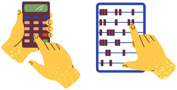Vector illustration of Accountant working with devices to count. Set of colorful hands holding calculator and abacus