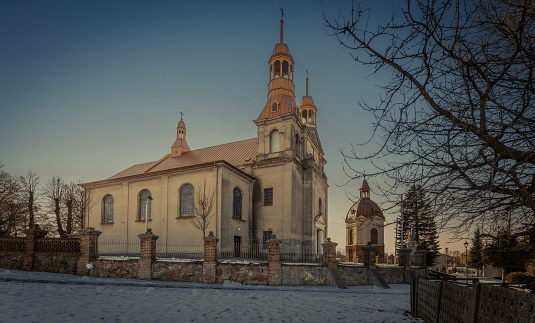 Catholic Church in winter scenery.