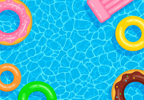 Summer pool background with copy space. Colorful inflatable circles and mattress floating on the water surface. Vector illustration in flat style
