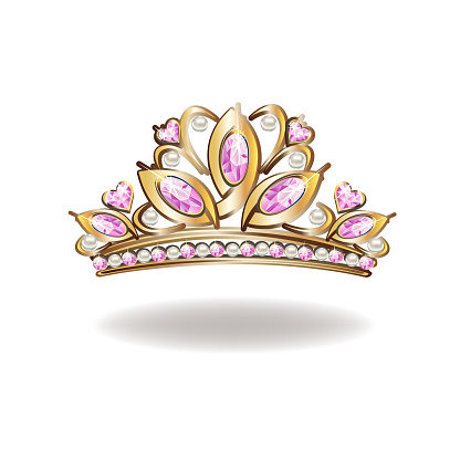 Golden princess crown or tiara with pearls and pink gems. Vector illustration of a beautiful princess jewel on a white background.