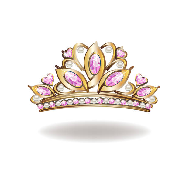 Golden tiara for a princess Golden princess crown or tiara with pearls and pink gems. Vector illustration of a beautiful princess jewel on a white background. tiara stock illustrations