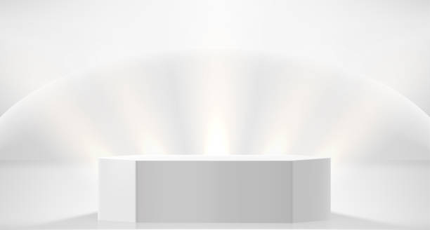 istock Illuminated white interior with bright spotlights and podium. Showcase for a product. 3d vector illustration 1465091232