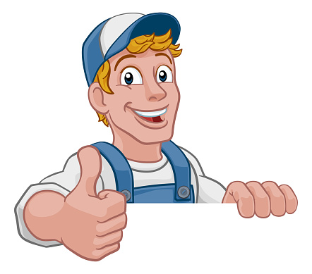 A handyman cartoon character caretaker construction man peeking over a sign and giving a thumbs up