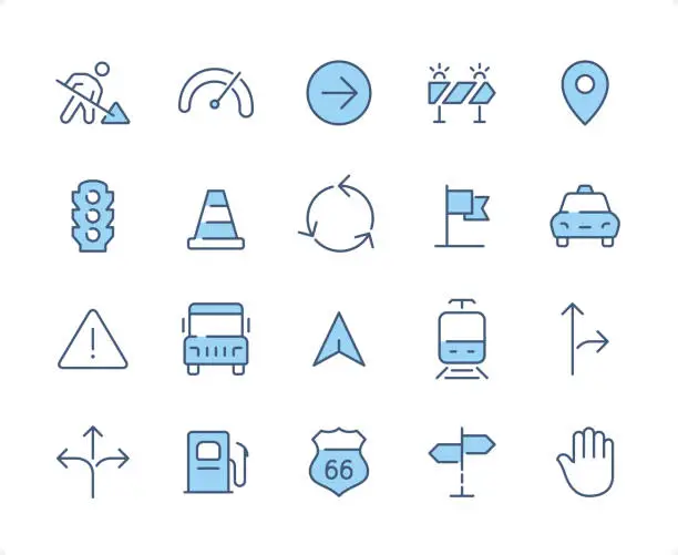 Vector illustration of Traffic icon set. Editable stroke weight. Pixel perfect dichromatic icons.