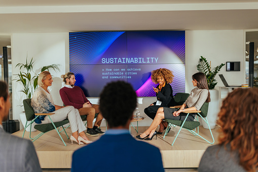 A team of diverse businesspeople are sitting on a stage in a discussion panel in the conference room talking about sustainability.