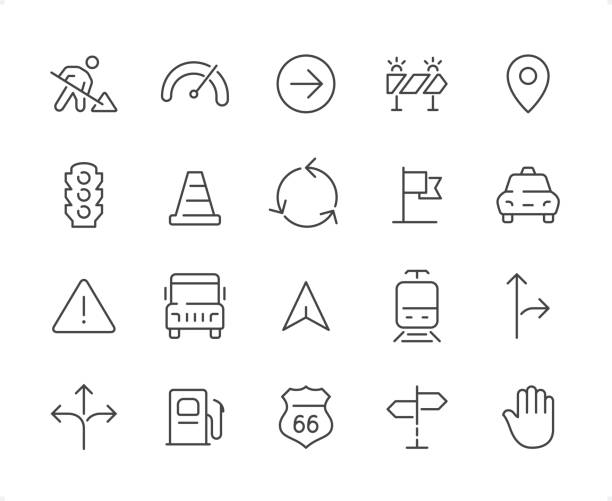Traffic icon set. Editable stroke weight. Pixel perfect icons. Traffic icons set #50
Specification: 20 icons, 64×64 pх, EDITABLE stroke weight! Current stroke 2 px.
Features: Pixel Perfect, Unicolor, Editable weight thin line.
First row of icons contains:
Under Construction, Gauge, Arrow (Directional Sign), Construction Barrier, Map Pin;
Second row contains:
Stoplight, Traffic Cone, Traffic Circle Arrows, Flag, Taxi;
Third row contains:
Warning Sign, Bus, Navigation Arrow, Lightrail, Road Sign;
Fourth row contains:
Three Way Direction Arrow, Gas Pump, Route 66, Directional Sign, Stop Sign.
Check out the complete Prolinico collection — https://www.istockphoto.com/collaboration/boards/m2yevS1B7EWOAAxLZcvJhQ light-rail-construction stock illustrations