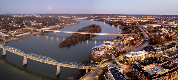 Aerial view of the moonrise over Tennessee River over Downtown Chattanooga