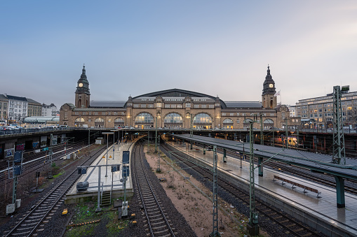 Exterior of the railway station Gare Saint-Jean in Bordeaux at night, France