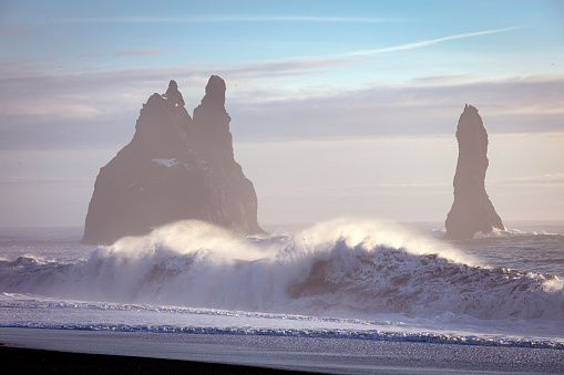The spectacular black sanded Reynisfjara beach in Southern Iceland