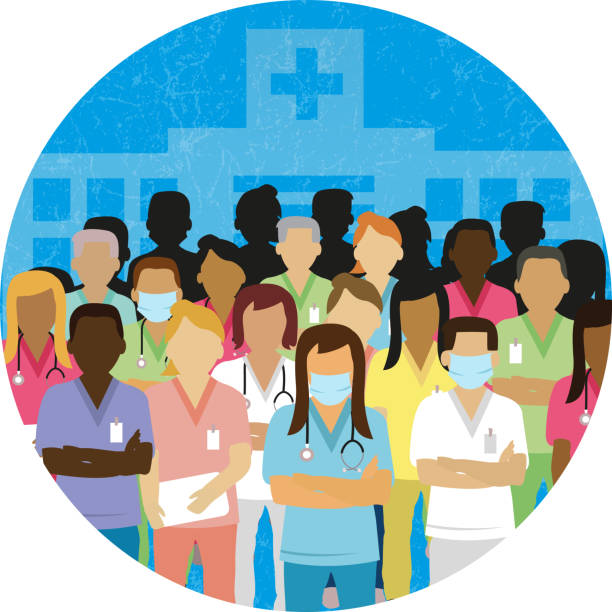 group of medical staff standing up together concept group of medical staff standing up together concept  illustration in a circular shape public service employee stock illustrations