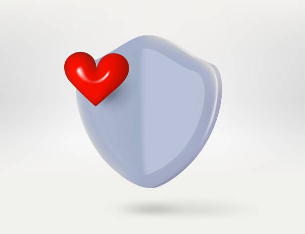 ilustrações de stock, clip art, desenhos animados e ícones de metal shield with red heartr sign. 3d vector illustration - humor badge blue crime