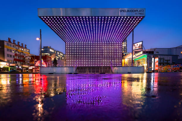 Hamburg, Germany - Jan 09, 2020: Open-air stage at Spielbudenplatz Square in Reeperbahn at Night - St. Pauli District - Hamburg, Germany