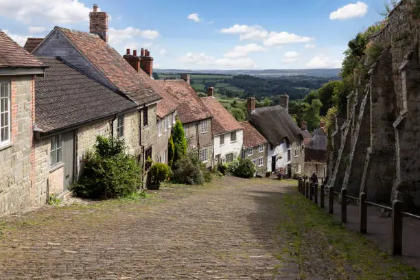 Old English houses (Golden hill) in the picturesque village of Shaftesbury, Dorset, England.