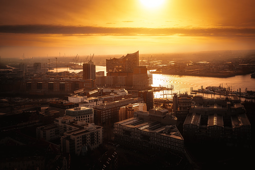 Aerial view of Hamburg at sunset with HafenCity and Elbphilharmonie - Hamburg, Germany