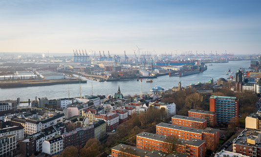 Aerial view of Hamburg with Elbe River and Port of Hamburg - Hamburg, Germany