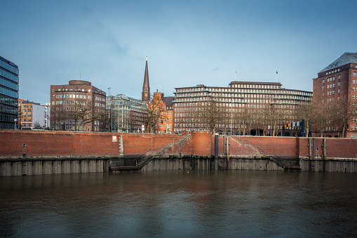 Hamburg Skyline from Speicherstadt warehouse district with Chilehaus and St. James Church - Hamburg, Germany