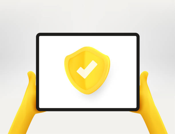 ilustrações de stock, clip art, desenhos animados e ícones de modern tablet computer with golden shield. mobile security concept. 3d vector illustration - humor badge blue crime