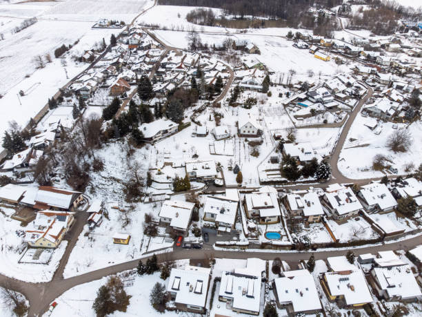 istock Snow covered houses, aerial drone view 1465109084