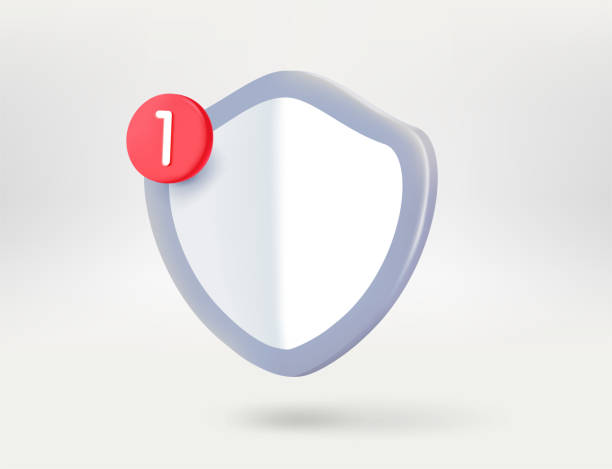 ilustrações de stock, clip art, desenhos animados e ícones de metal shield with notification icon. 3d vector illustration - humor badge blue crime
