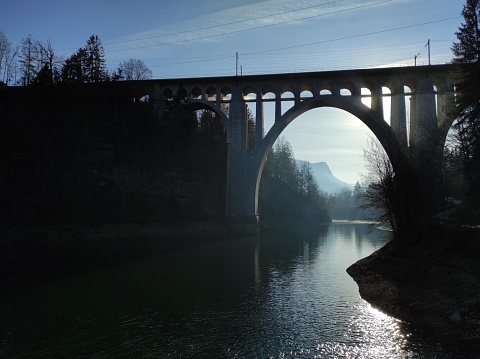 Sunset behind the viaduct, Viaduc du Day, Vallorbe, Vaud, Suisse