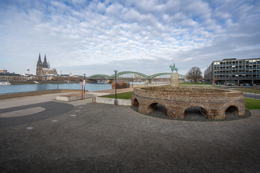 Railway turntable of an old station hub with Hohenzollern Bridge and Cologne Cathedral - Cologne, Germany
