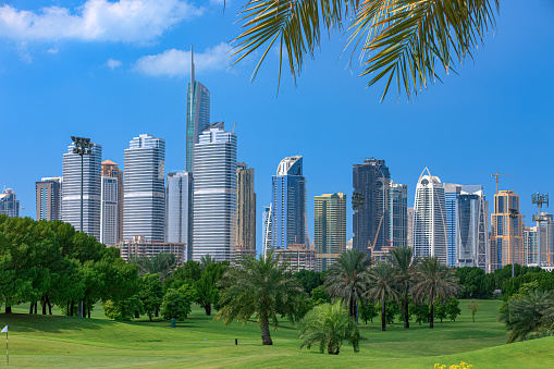 Golf fairways against the backdrop of contemporary architecture, in Dubai, United Arab Emirates in the Persian Gulf. In the background are tall buildings and modern architecture, in the area that is known as Jumeirah Lake Towers; the city is known for its skyscrapers and contemporary architecture. The image is framed on the top by some date palm leaves. Some construction is still underway. Photo shot in the morning sunlight. Horizontal format; copy space. No people. Note to Inspector: The image was shot from a public road in the city.