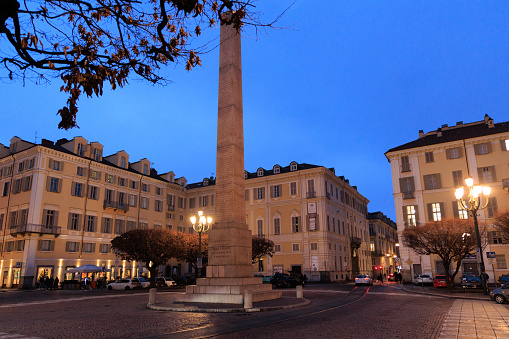Obelisco alle Leggi Siccardi, Piazza Savoia, Turin at dusk