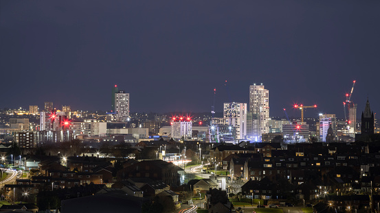 Leeds skyline and city centre at night