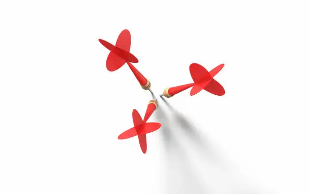 3d Render Red Three Dart Arrow, Hit the target from 12, Concept to achieve success and target (isolated on white and clipping path)