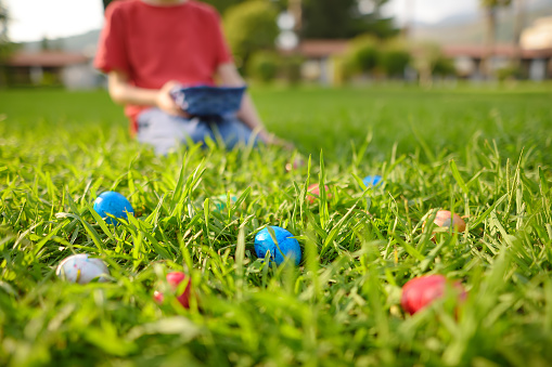 Little boy hunting for multicolored eggs in spring garden on Easter day. Traditional festival outdoors. Child celebrate Easter holiday. Focus on multicolor eggs.