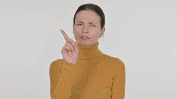 istock Denying Beautiful Woman in Rejection on White Background 1465140266