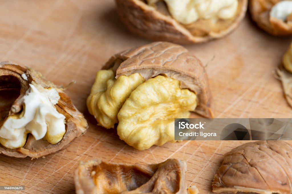 Walnut Open Shell Open And Broken Walnut Shells Lying On The Table Stock Photo - Download ...