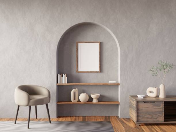 istock Interior poster mock up with vertical empty wooden frame on wall in living room. 3D rendering. 1465144063