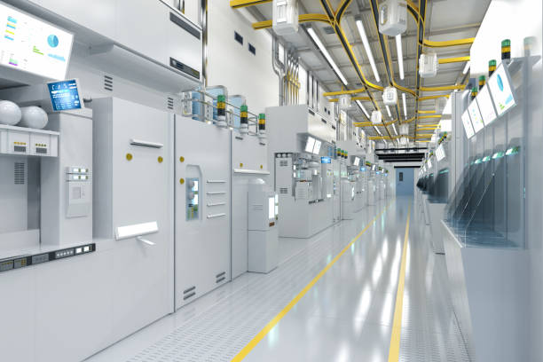 istock White futuristic semiconductor manufacturing factory or laboratory interior with machine and computer screen 1465145542