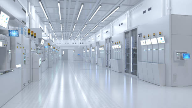 istock White futuristic semiconductor manufacturing factory or laboratory interior with machine and computer screen 1465145543